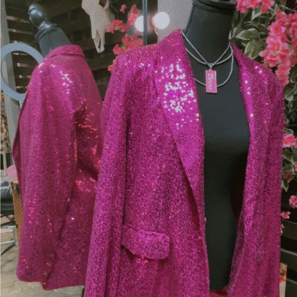 Fuchsia Sequin Blazer Jacket - Women's Sparkle Blazer - Picture 1 of 8